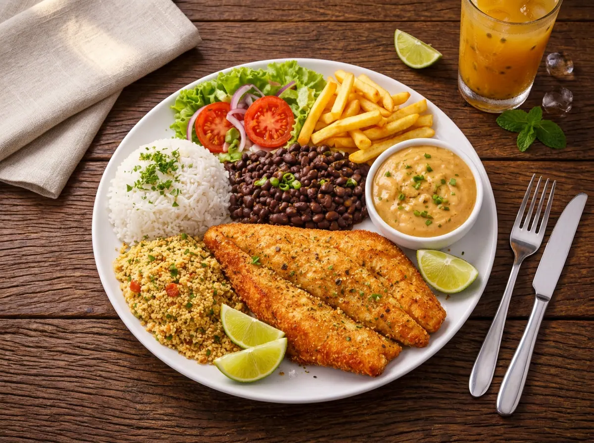 Prato regional com peixe empanado, arroz, feijão, farofa, salada e batata frita no restaurante do Pesqueiro do Parque